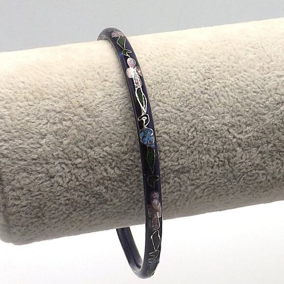 Vintage Cloisonne Floral Bangle Bracelet, Dark Blue Enamel, 7 3/4 Inch, 1960s - Picture 9 of 12